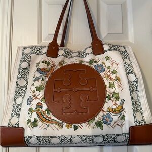 Tory Burch Ella White Canvas Tote with Tan Leather Trim & Floral Bird Motif